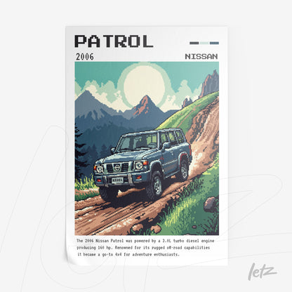 pixel art of a 2006 Nissan Patrol driving on a dirt road with a mountainous background