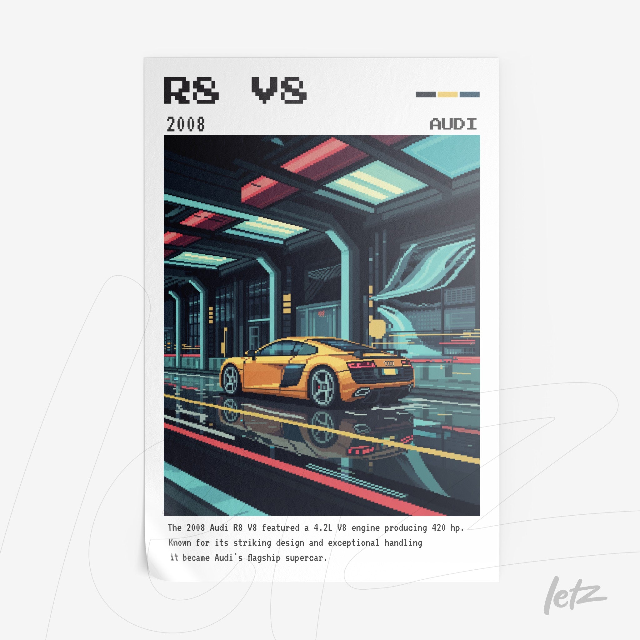 pixel art wall decor featuring the 2008 Audi R8 V8 in a futuristic setting