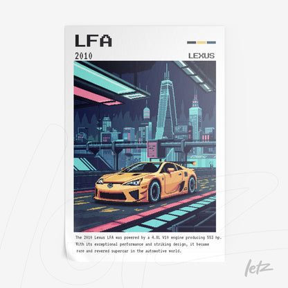 art print featuring a digital illustration of a yellow Lexus LFA sports car in a futuristic urban setting