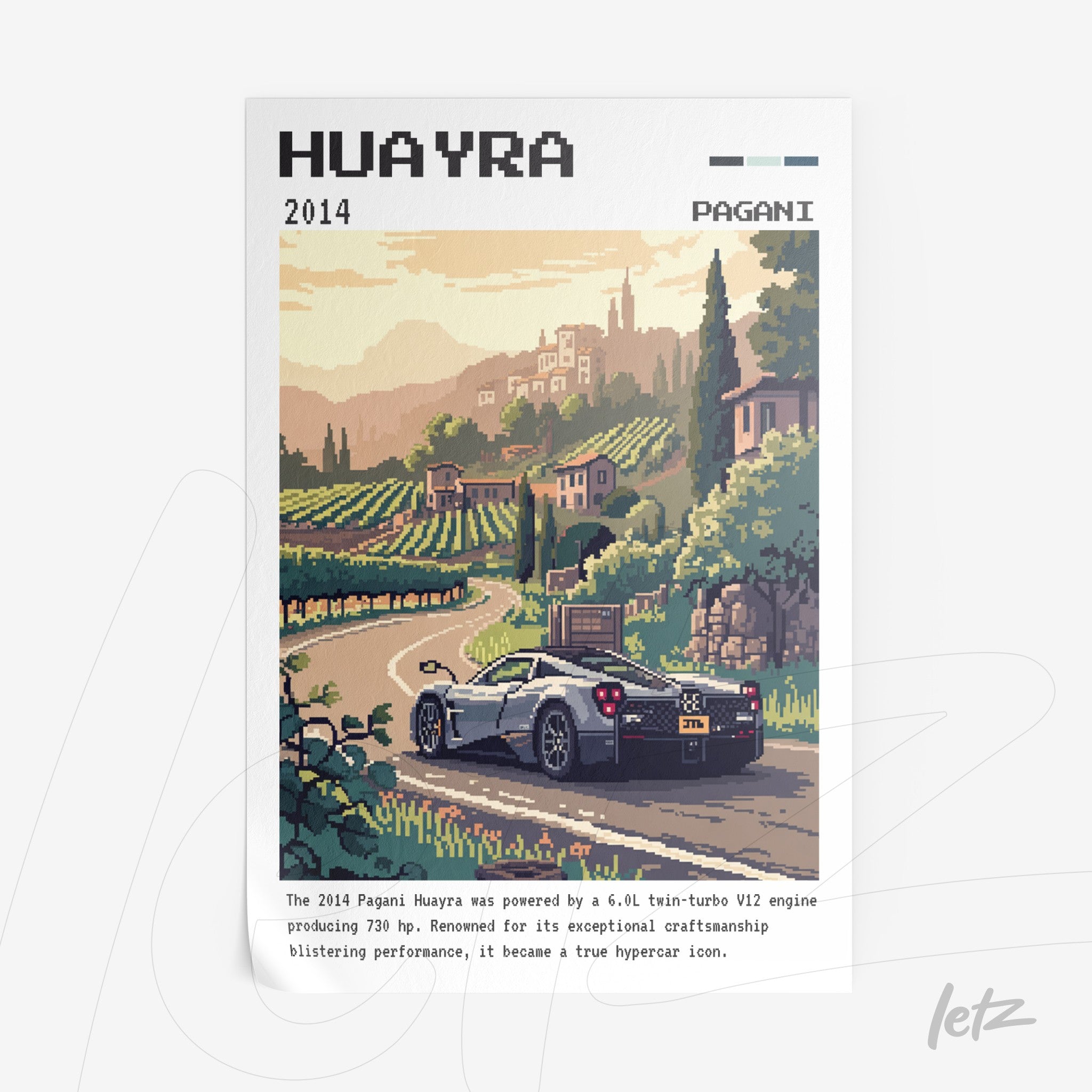 pixel art print of a pagani huayra car on a rural road, showcasing vineyards and distant mountains in the background