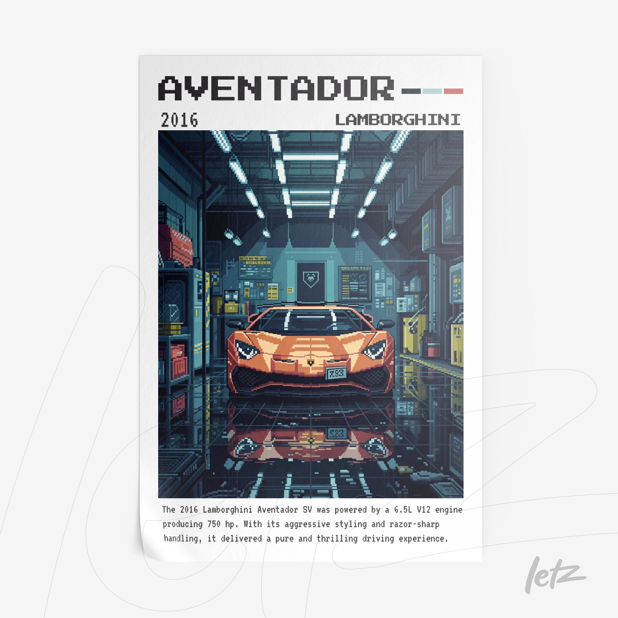 pixel art of a lamborghini aventador in a garage setting with blue and gray details