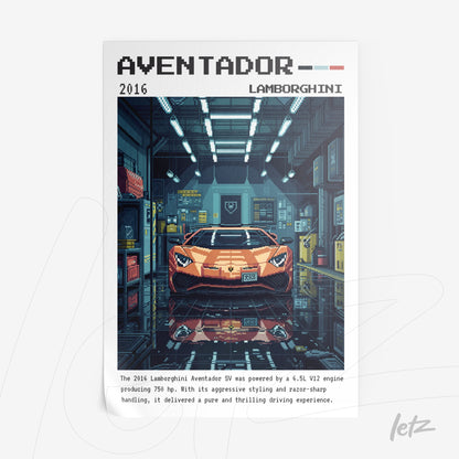 pixel art of a lamborghini aventador in a garage setting with blue and gray details