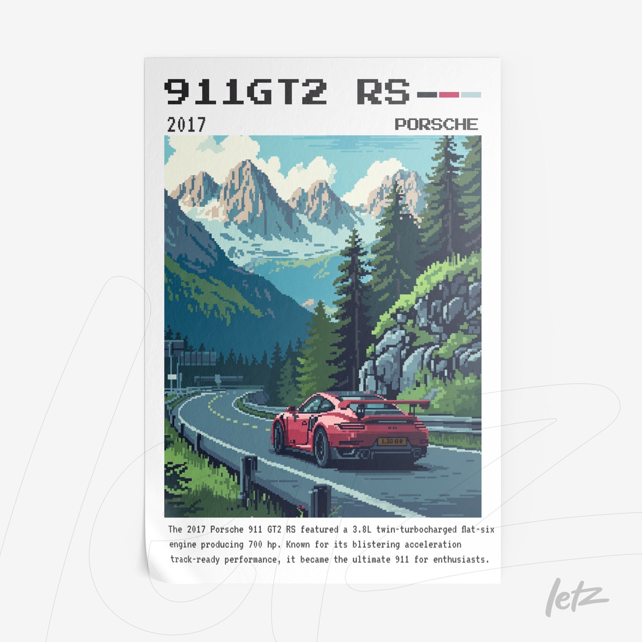 pixel art of a porsche 911 gt2 rs driving on a mountain road with trees in the background