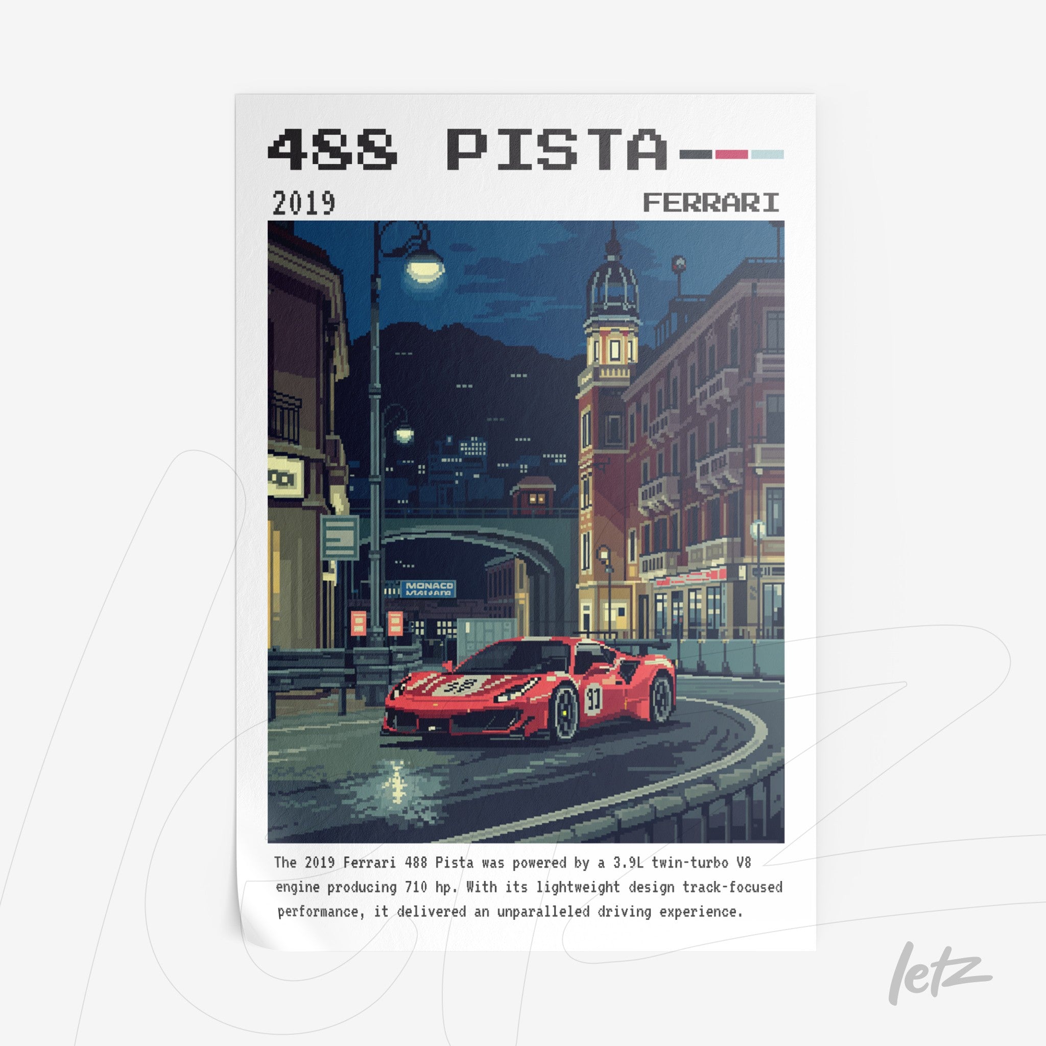 retro style wall art of Ferrari 488 Pista in a city at night with pixelated details and white frame