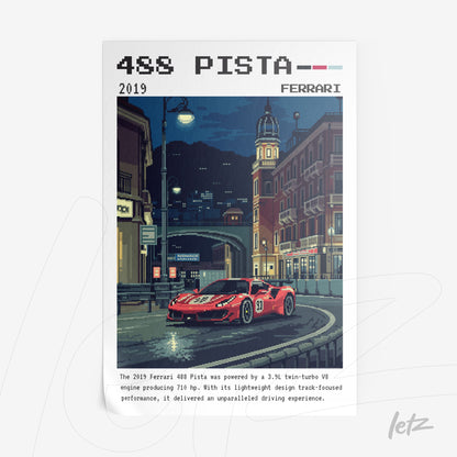 retro style wall art of Ferrari 488 Pista in a city at night with pixelated details and white frame