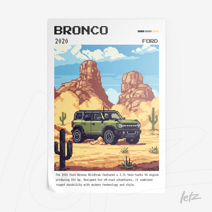 pixel art of a green Ford Bronco in a desert landscape featuring cacti and mountains