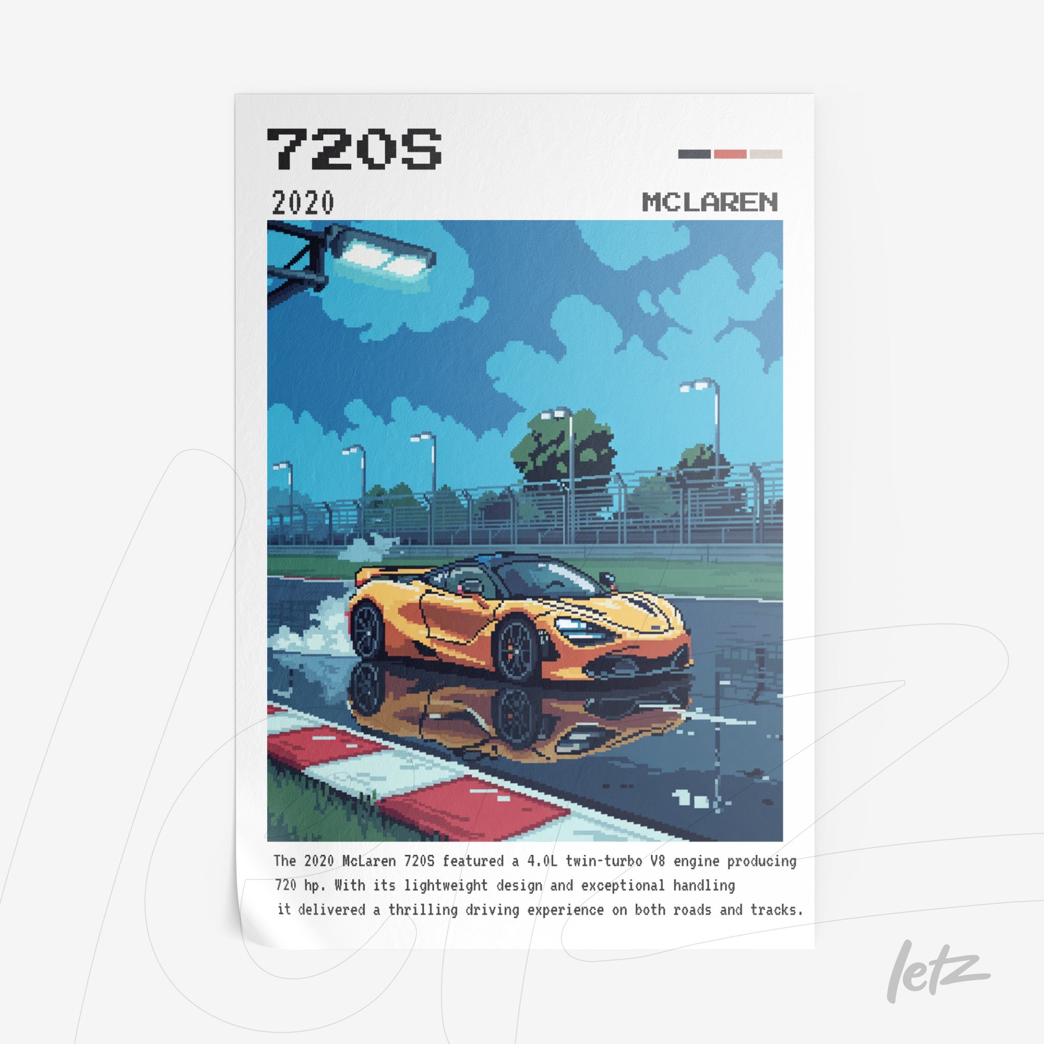 digital artwork of McLaren 720S sports car on wet track in pixel art style
