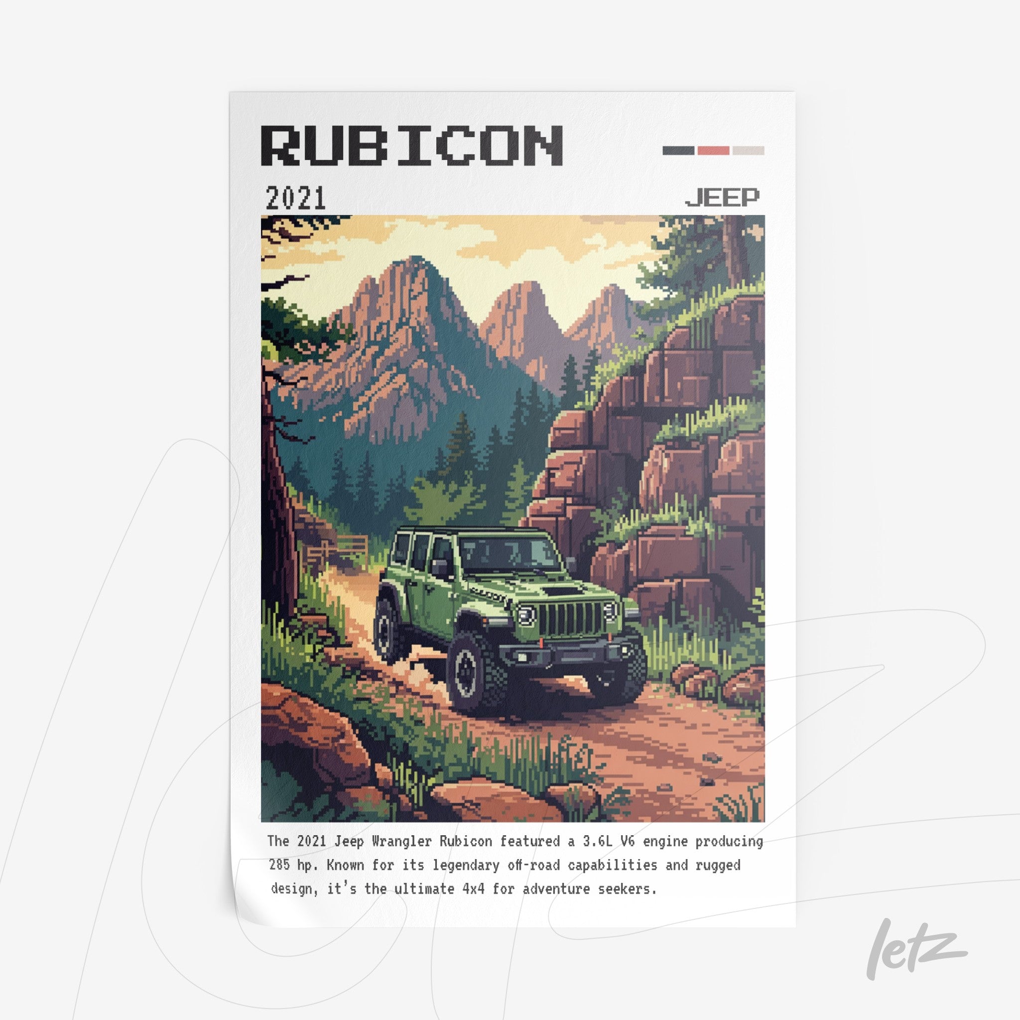 framed pixel art of a Jeep Rubicon driving on a mountainous trail with a backdrop of mountains and trees