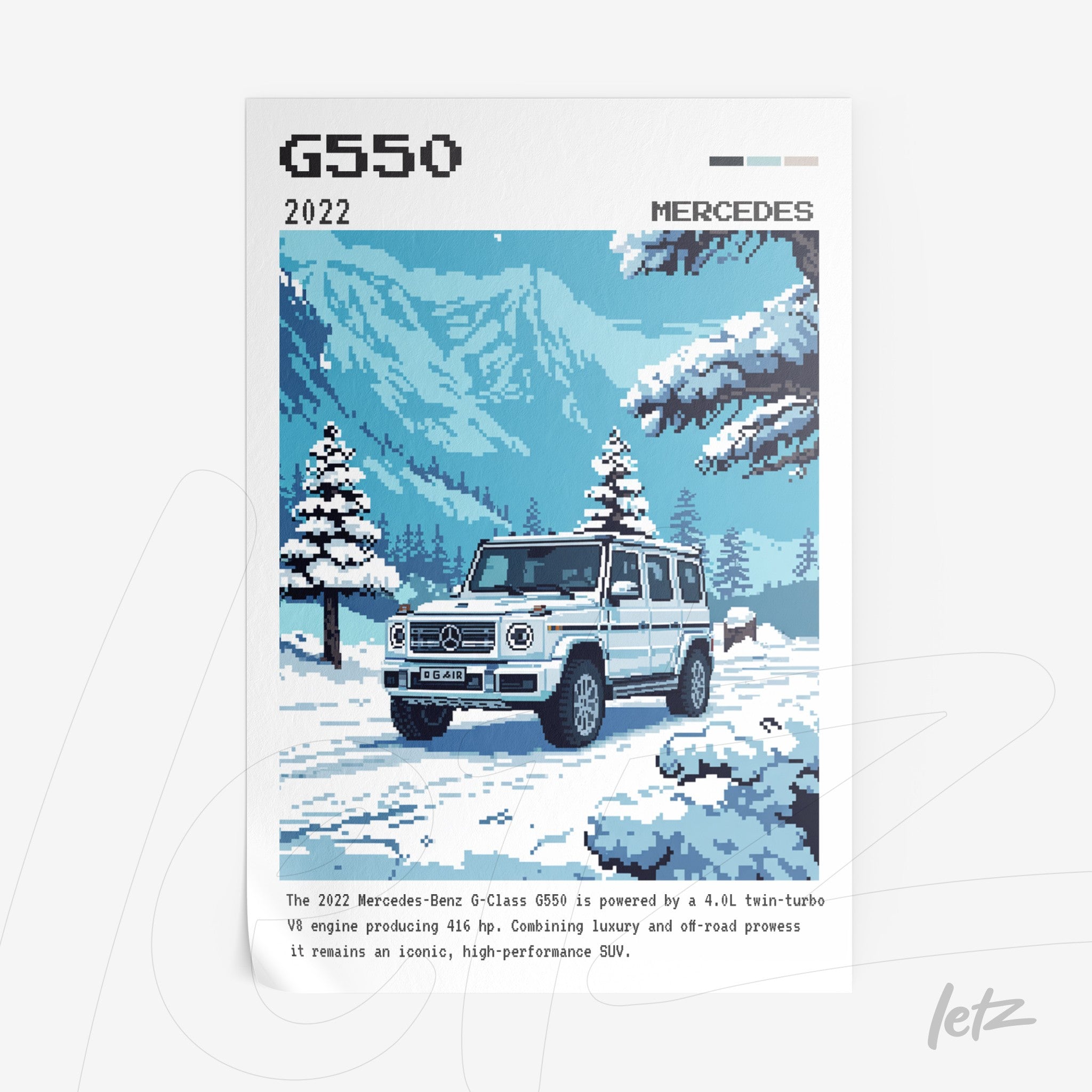 pixel art of a 2022 Mercedes-Benz G-Class G550 in a snowy mountain landscape with pine trees