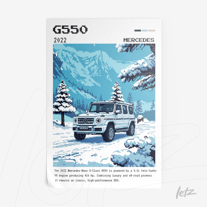 pixel art of a 2022 Mercedes-Benz G-Class G550 in a snowy mountain landscape with pine trees