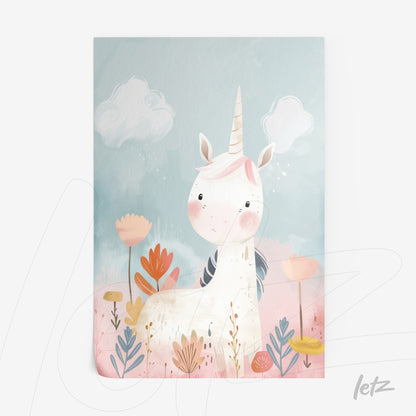 framed art featuring a unicorn illustration against a light blue background with colorful flowers