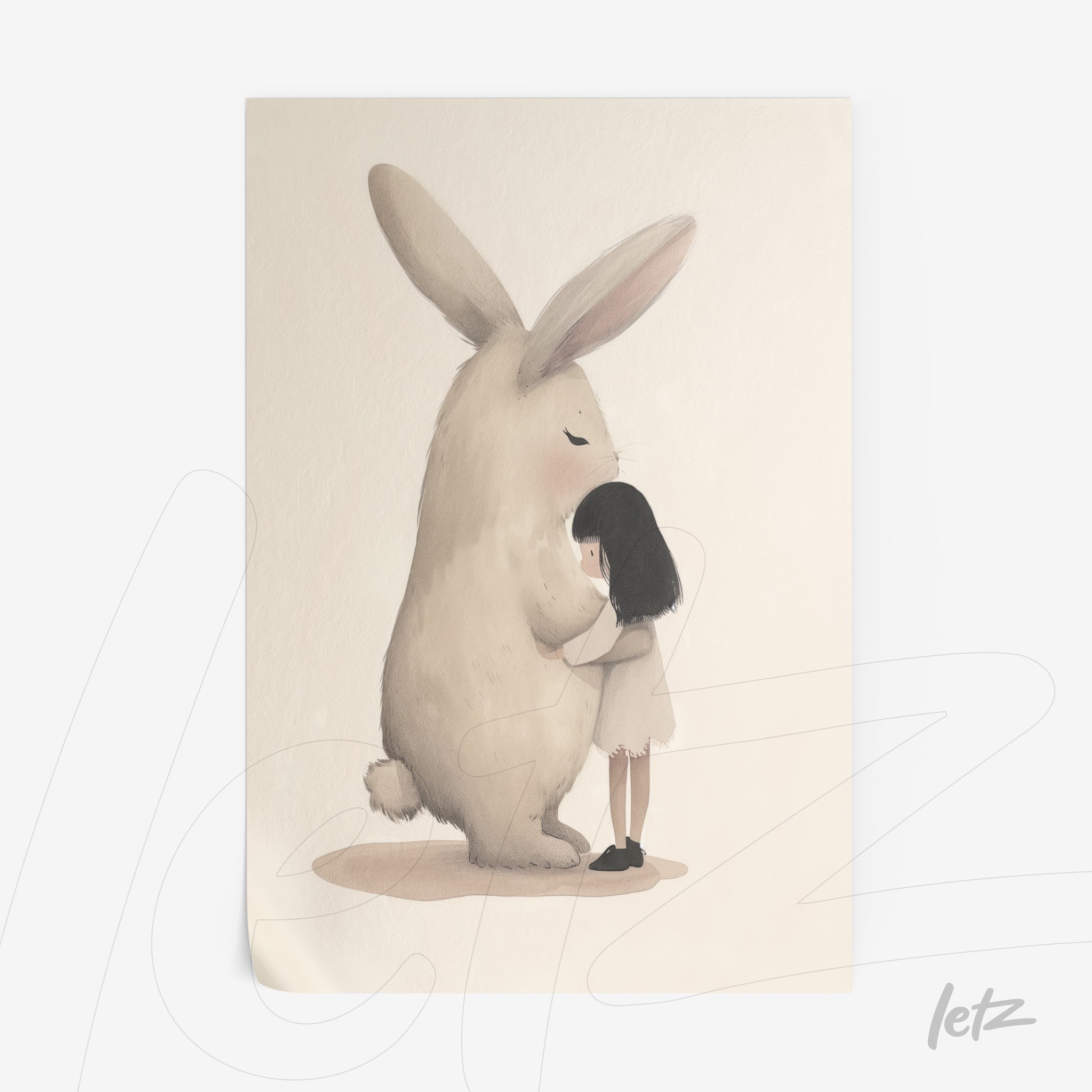 framed artwork of a girl hugging a giant bunny against a light background