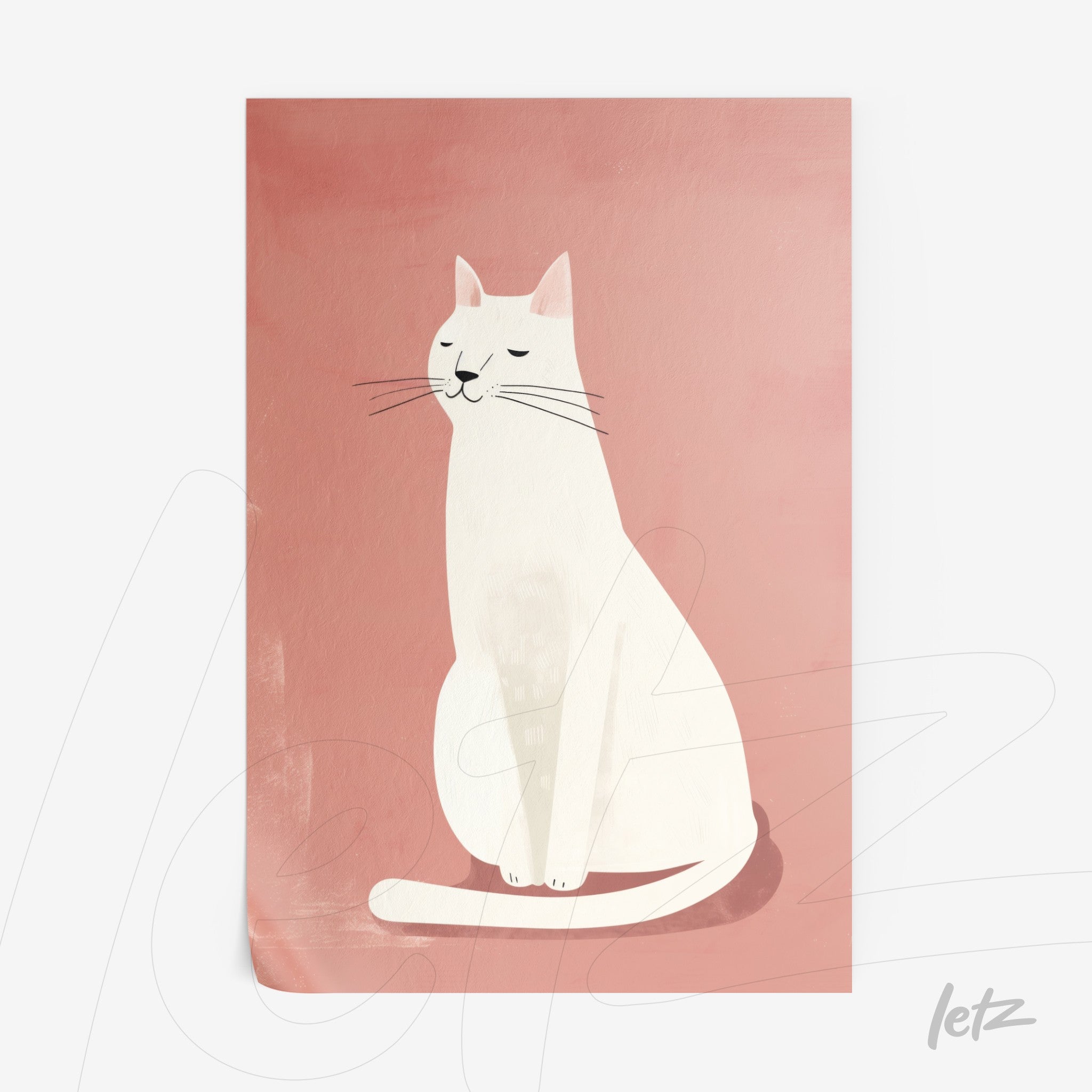 framed art featuring a minimalist illustration of a white cat sitting against a soft pink background