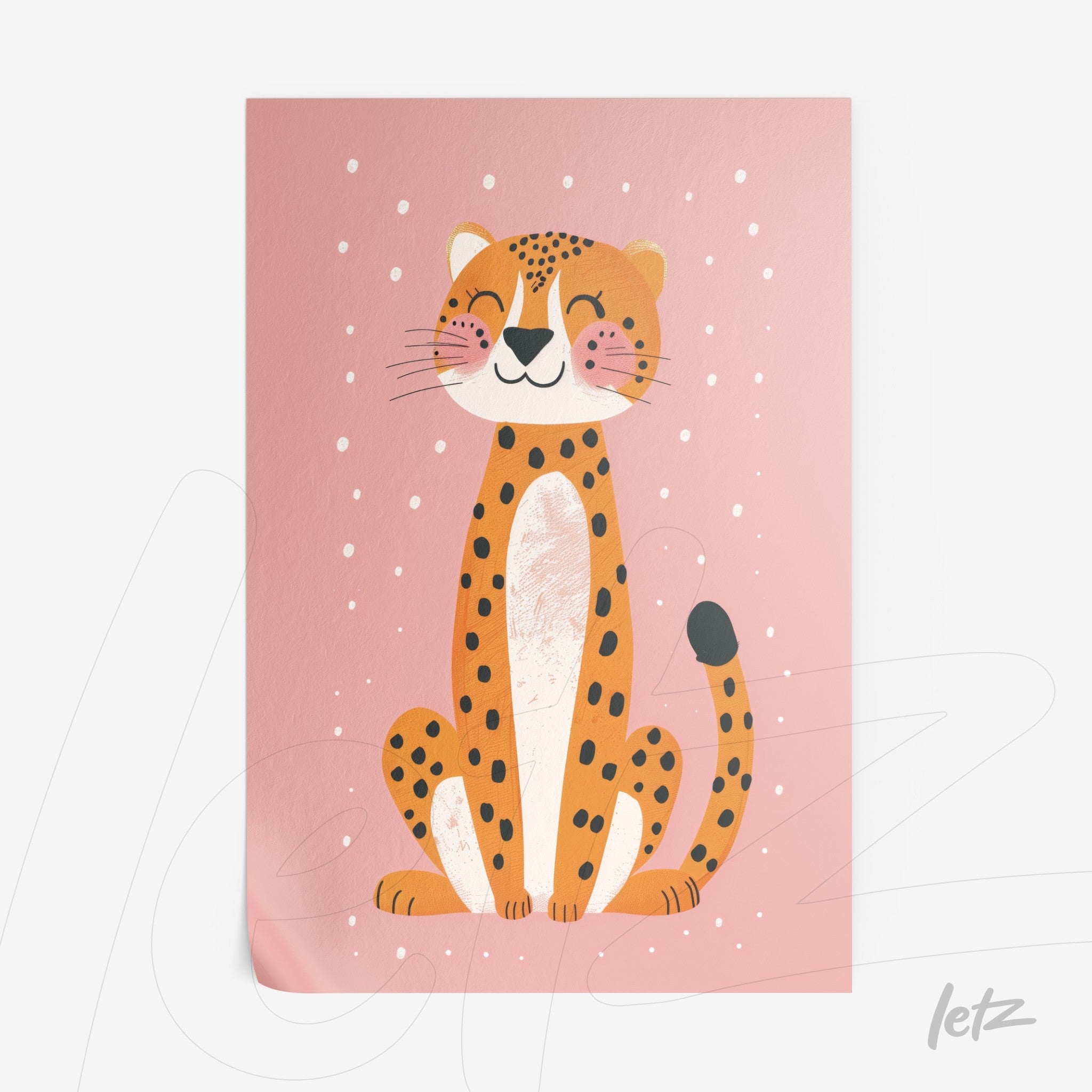 framed artwork featuring a cheerful jaguar illustration on a pink background with playful textures