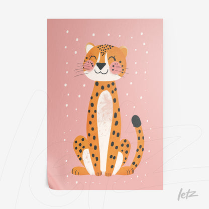 framed artwork featuring a cheerful jaguar illustration on a pink background with playful textures