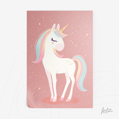 children's wall art featuring a unicorn illustration on a pink background with stars