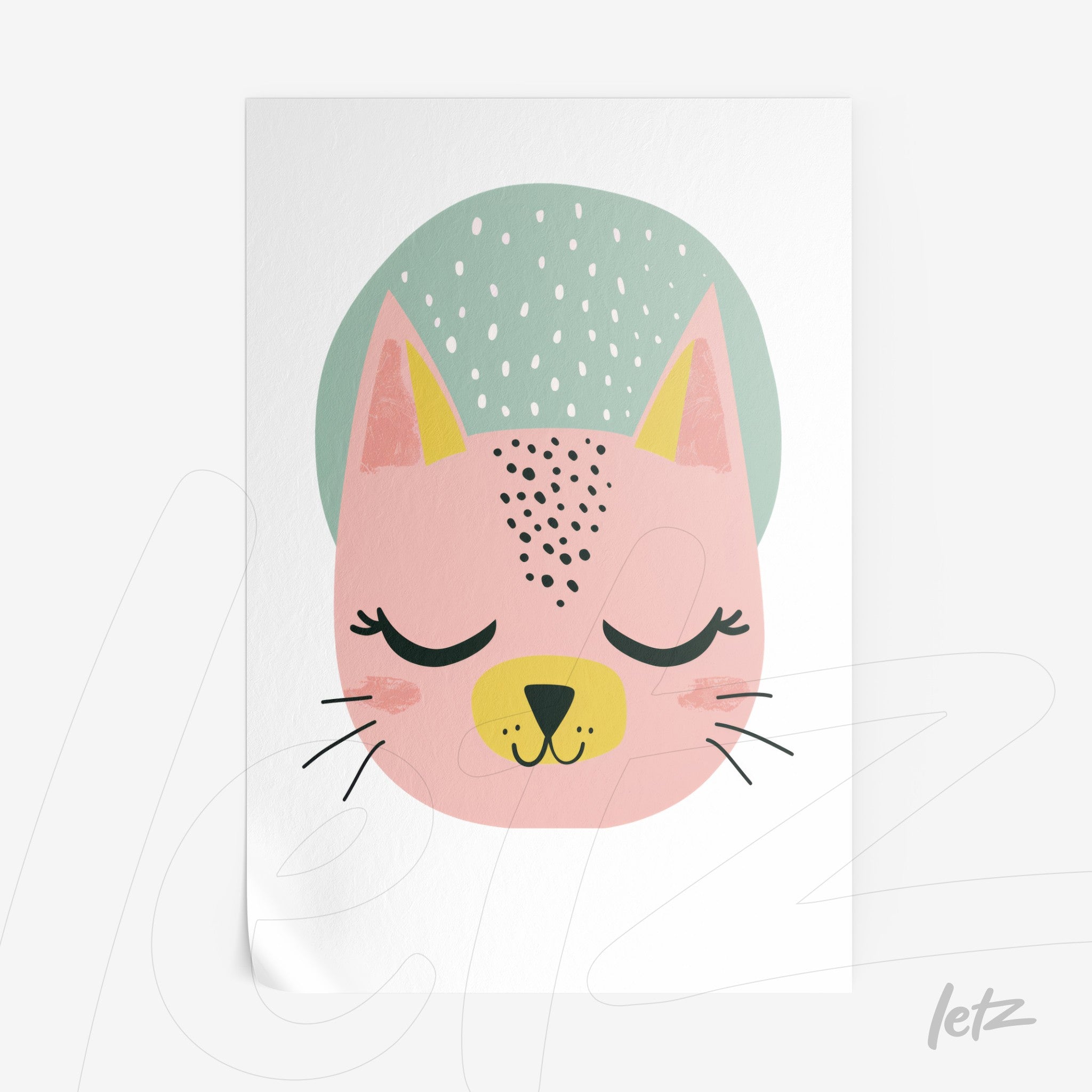 illustration of a pink cat with minimalist features and pastel green background