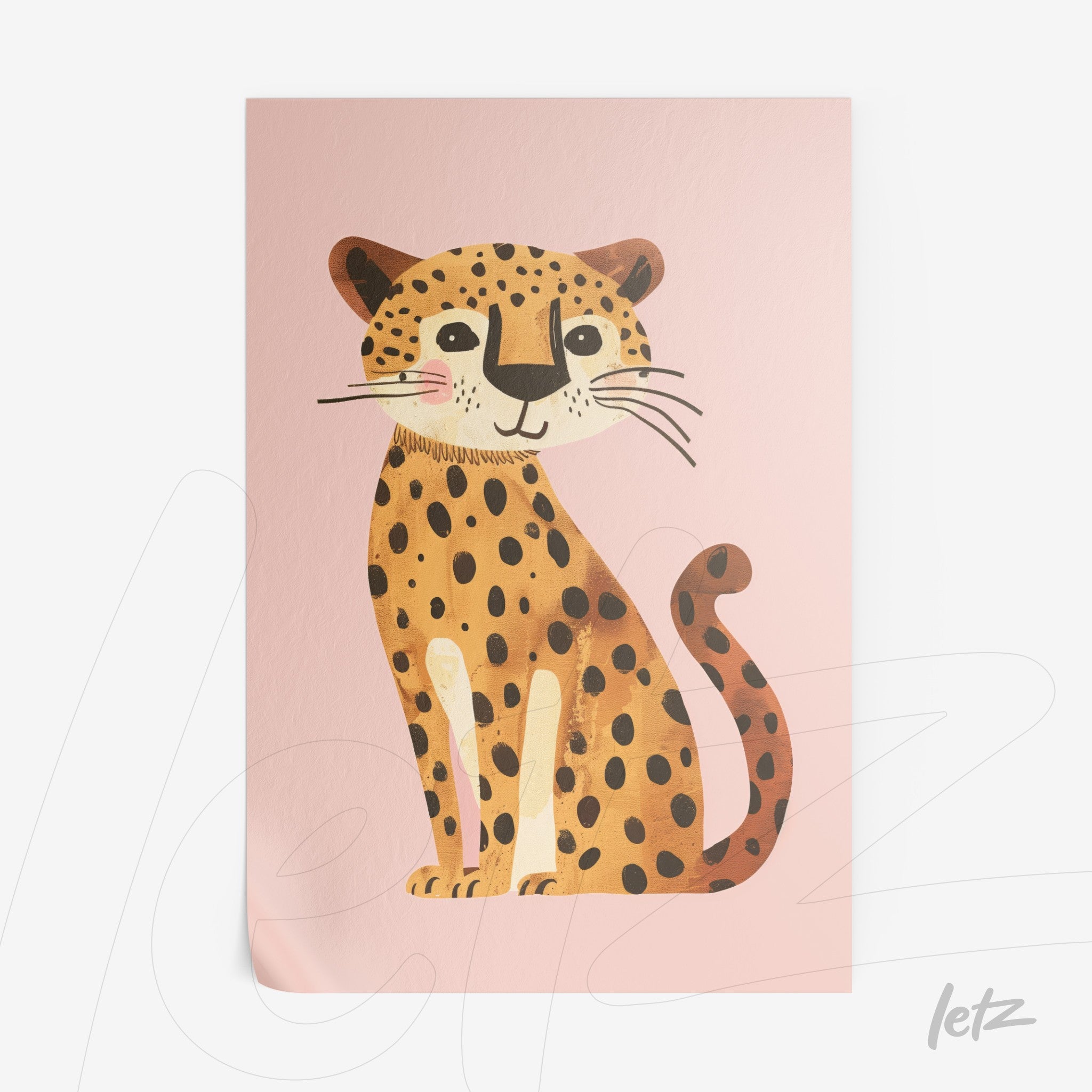 framed wall art of a stylized leopard on a pink background