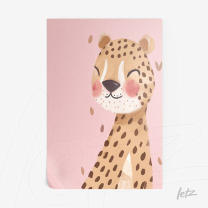 children's wall art featuring a smiling leopard on a pink background