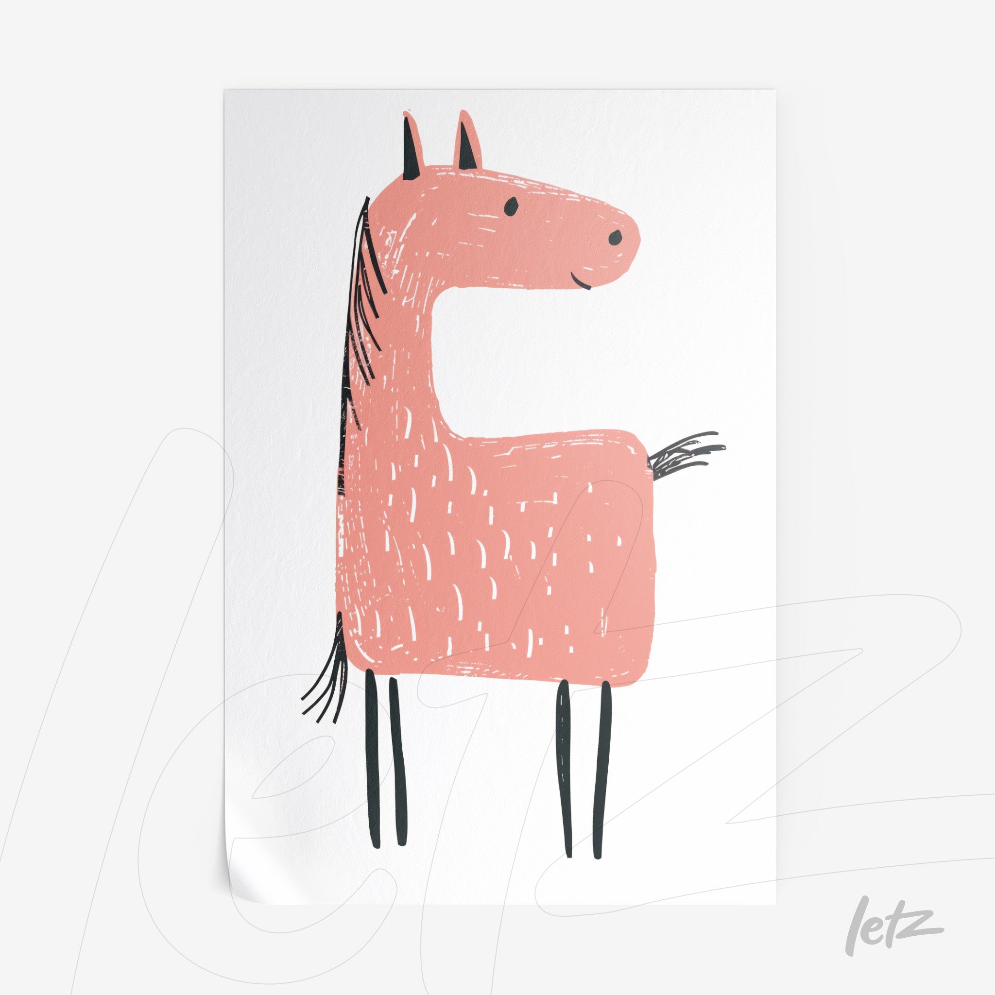 framed artwork featuring a playful pink horse illustration on a white background