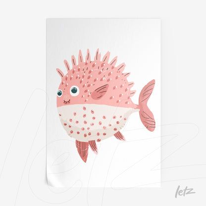 framed artwork featuring a cute pink fish with spikes and spots, against a white background