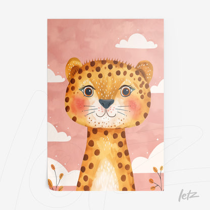 childrens art print of a smiling leopard on a pink background with white clouds