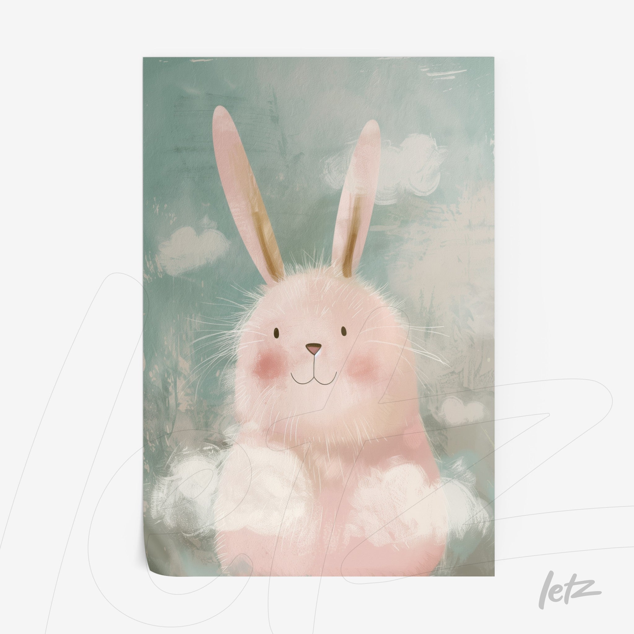 framed wall art of a soft pink bunny with a gentle sky blue background and fluffy clouds