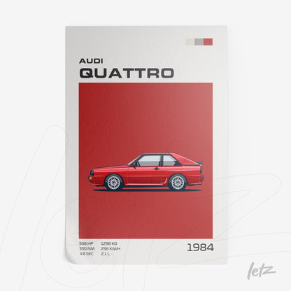 framed artwork featuring a digital illustration of the 1984 Audi Quattro on a red background with graphic details