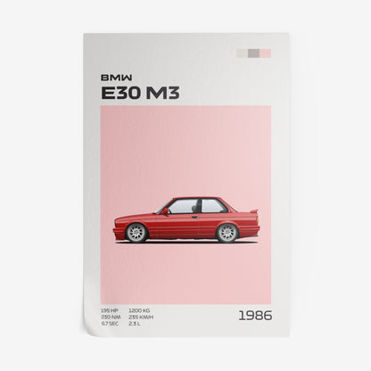 framed digital illustration of a red BMW E30 M3 on a light pink background with technical details at the bottom