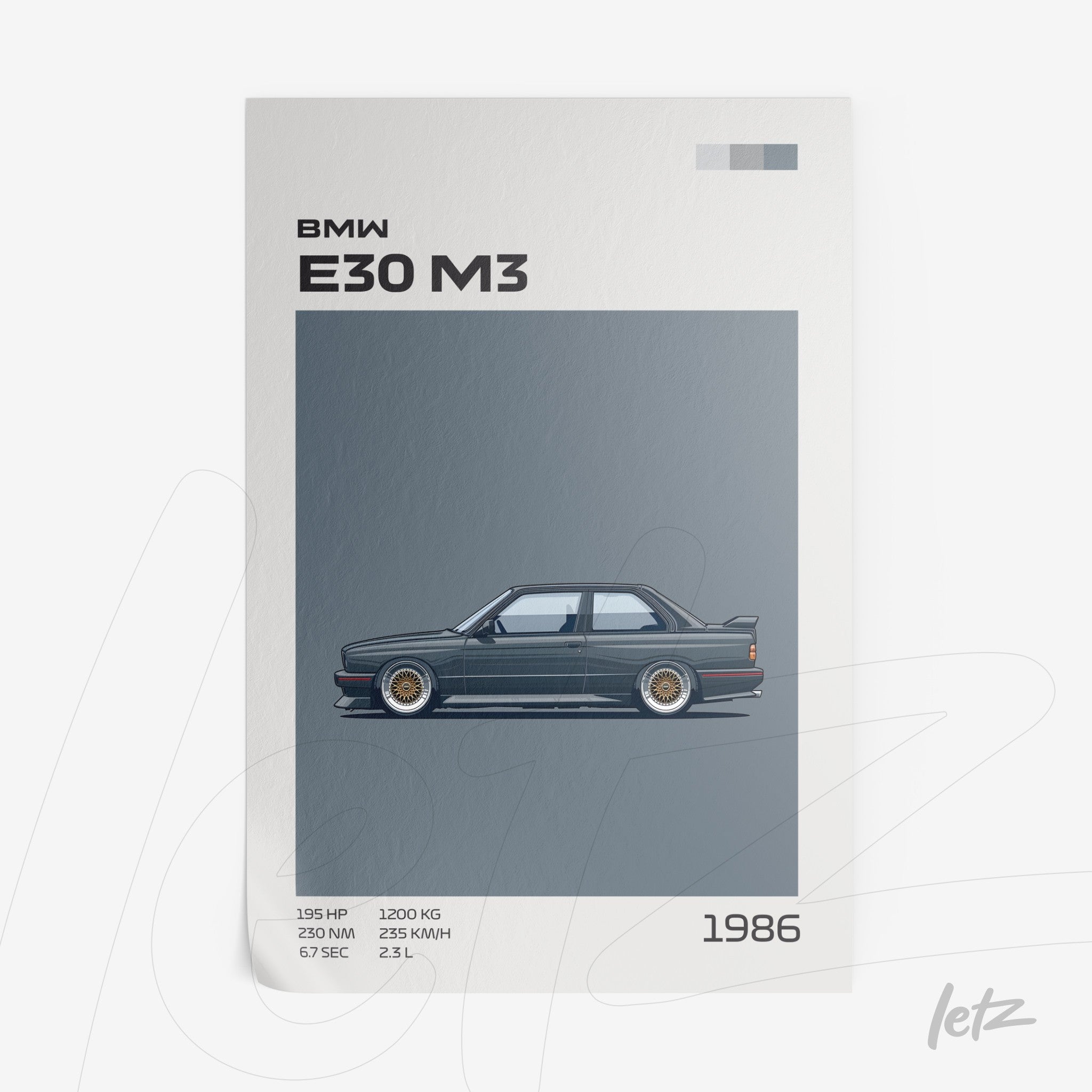 framed wall art featuring a minimalistic illustration of the BMW E30 M3 with a gray background