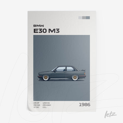framed wall art featuring a minimalistic illustration of the BMW E30 M3 with a gray background