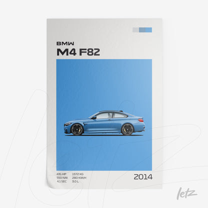 framed art featuring a BMW M4 F82 illustration on light blue background
