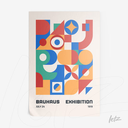 poster print featuring colorful geometric Bauhaus style design with text 'Bauhaus Exhibition July 24 1919'