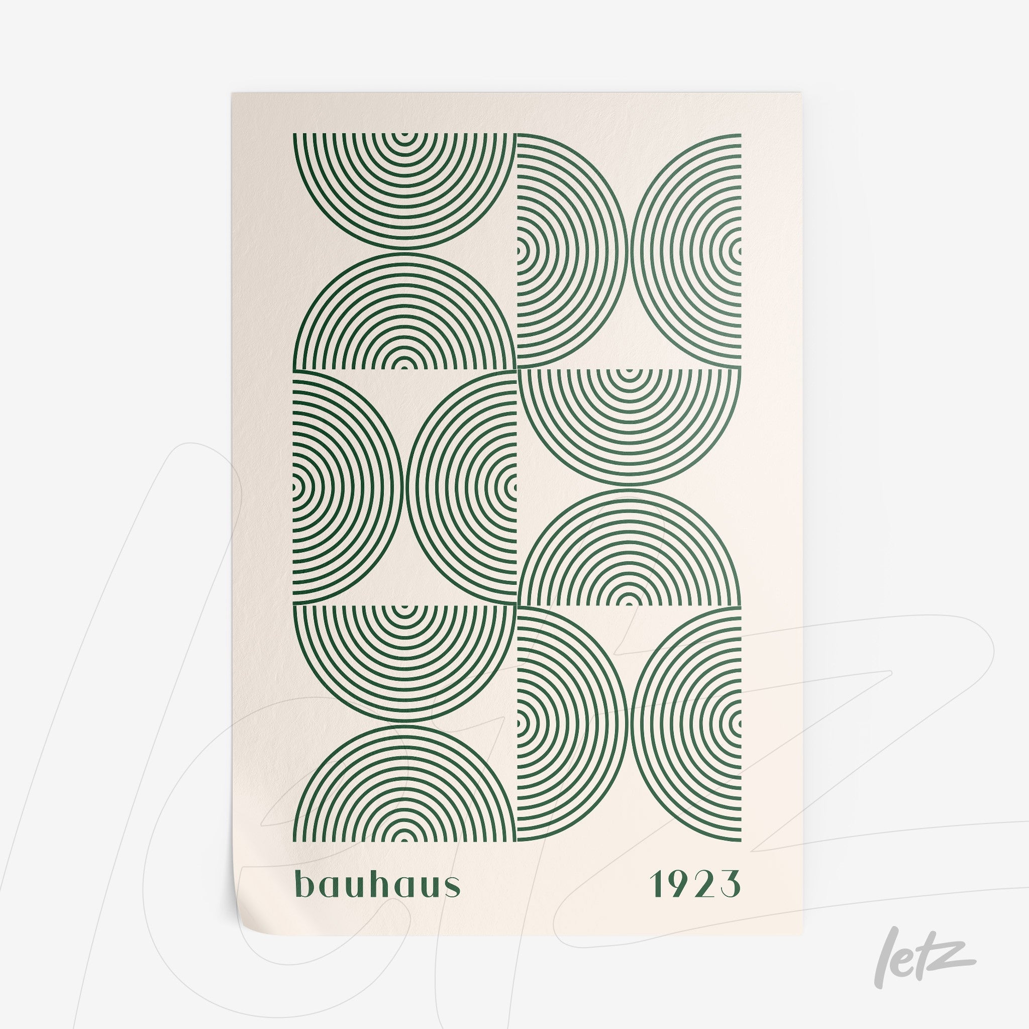 poster with geometric bauhaus style illustration in green and white tones