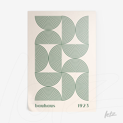 poster with geometric bauhaus style illustration in green and white tones