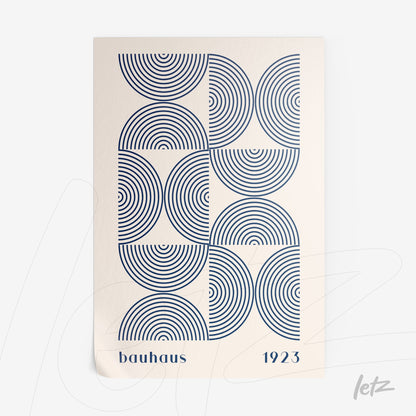 poster featuring geometric design of blue concentric circles on beige background with text 'bauhaus 1923'