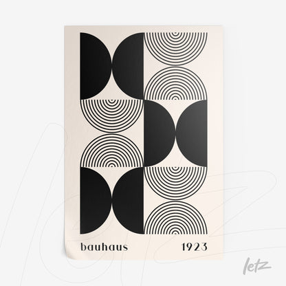 poster featuring geometric art inspired by Bauhaus, displaying concentric circles and semicircular shapes in black on a light beige background