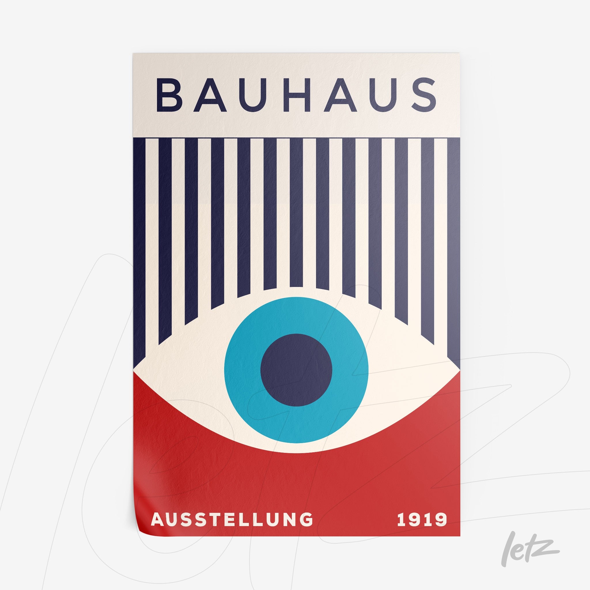 poster featuring abstract Bauhaus style design on a white background with a blue eye and red text
