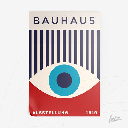 poster featuring abstract Bauhaus style design on a white background with a blue eye and red text