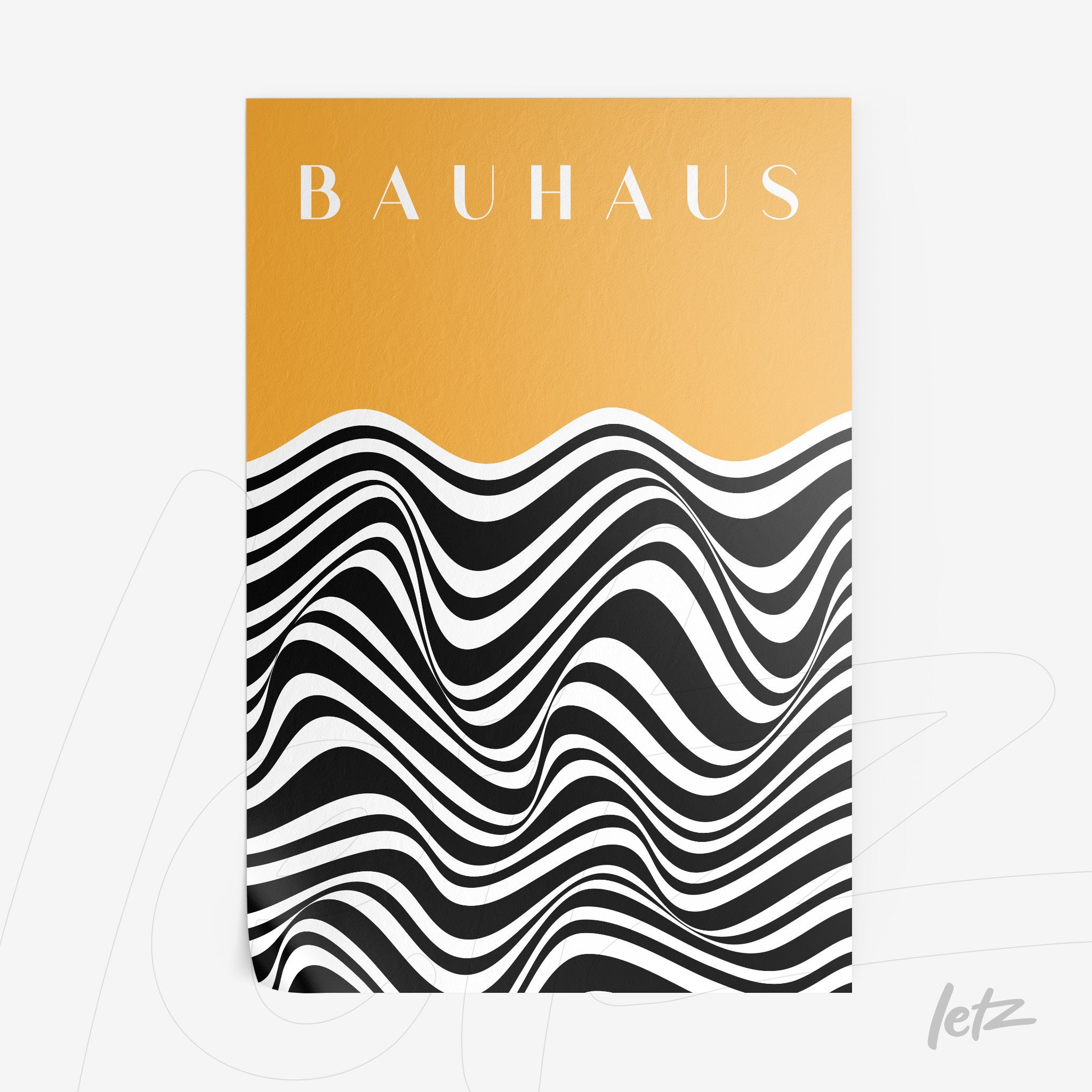 poster featuring Bauhaus-inspired design with black and white wave pattern on vibrant orange background