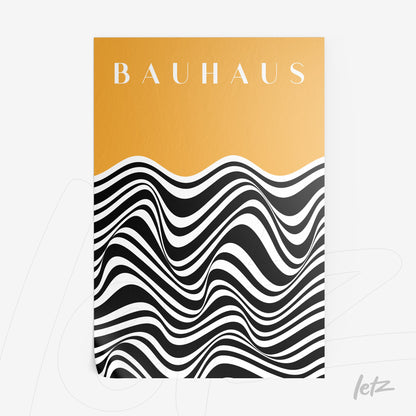 poster featuring Bauhaus-inspired design with black and white wave pattern on vibrant orange background