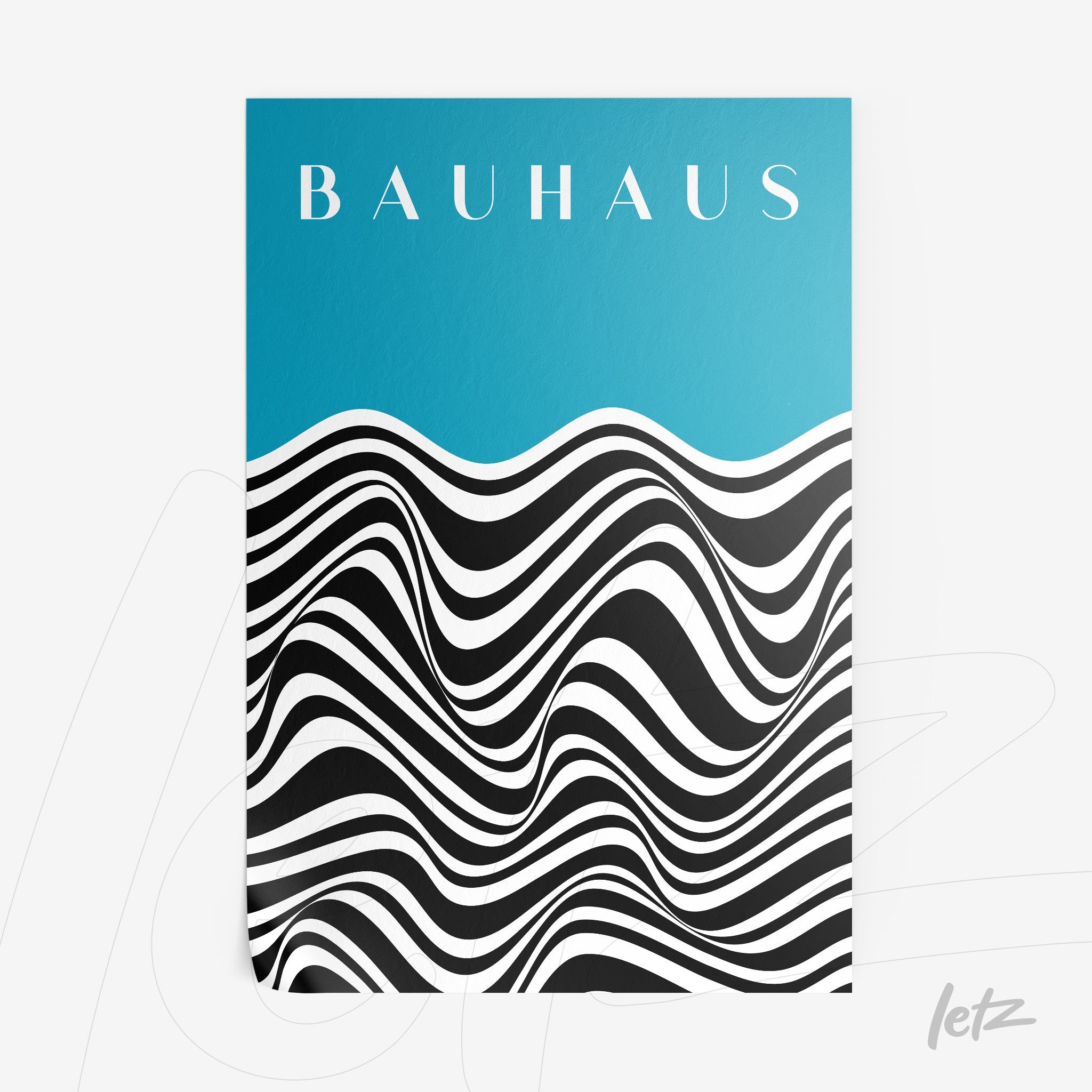 poster print featuring black and white wavy lines against a blue background with bauhaus text at the top