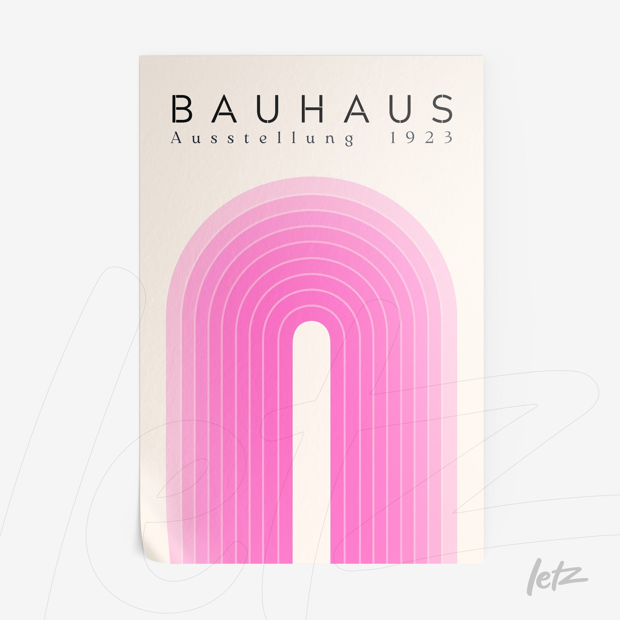 poster print featuring retro bauhaus art of pink gradient arch on white background