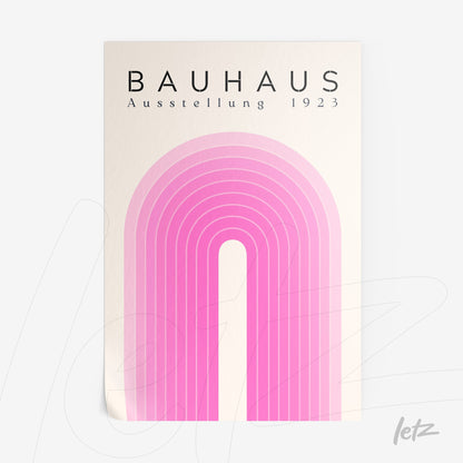 poster print featuring retro bauhaus art of pink gradient arch on white background