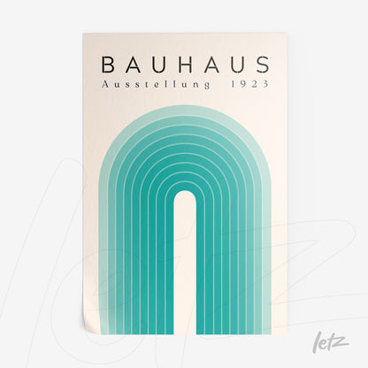 poster print featuring geometric design in teal hues and the text 'Bauhaus Ausstellung 1923' on a light background