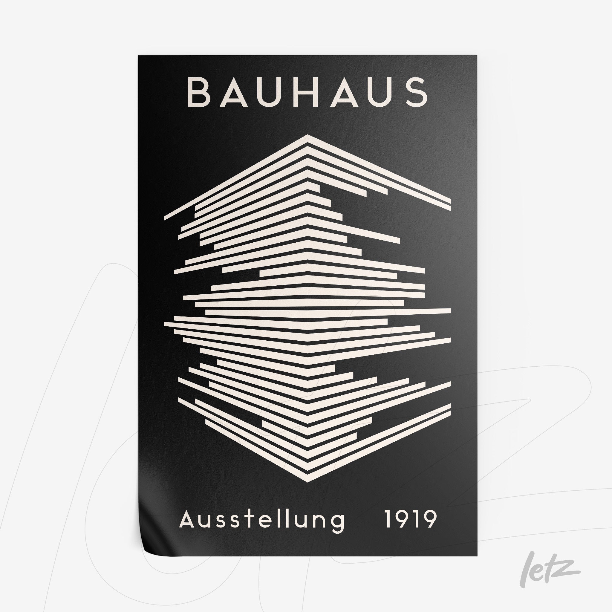 poster print featuring geometric line design in white on a black background with the text 'Bauhaus Ausstellung 1919'
