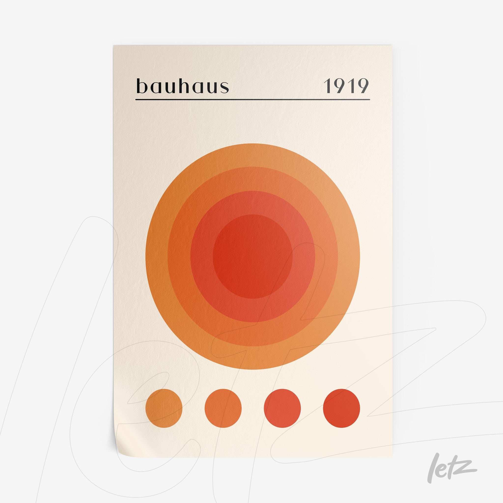 poster print featuring bauhaus design with concentric circles in shades of orange and red with text at the top