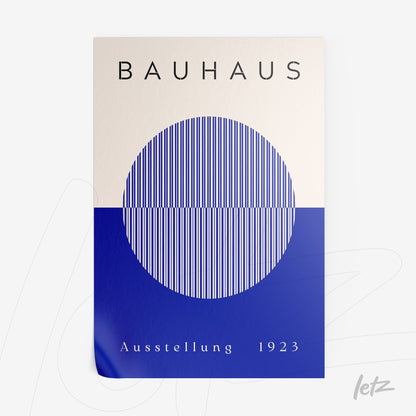 poster print with bauhaus design featuring geometric shapes in blue and white tones