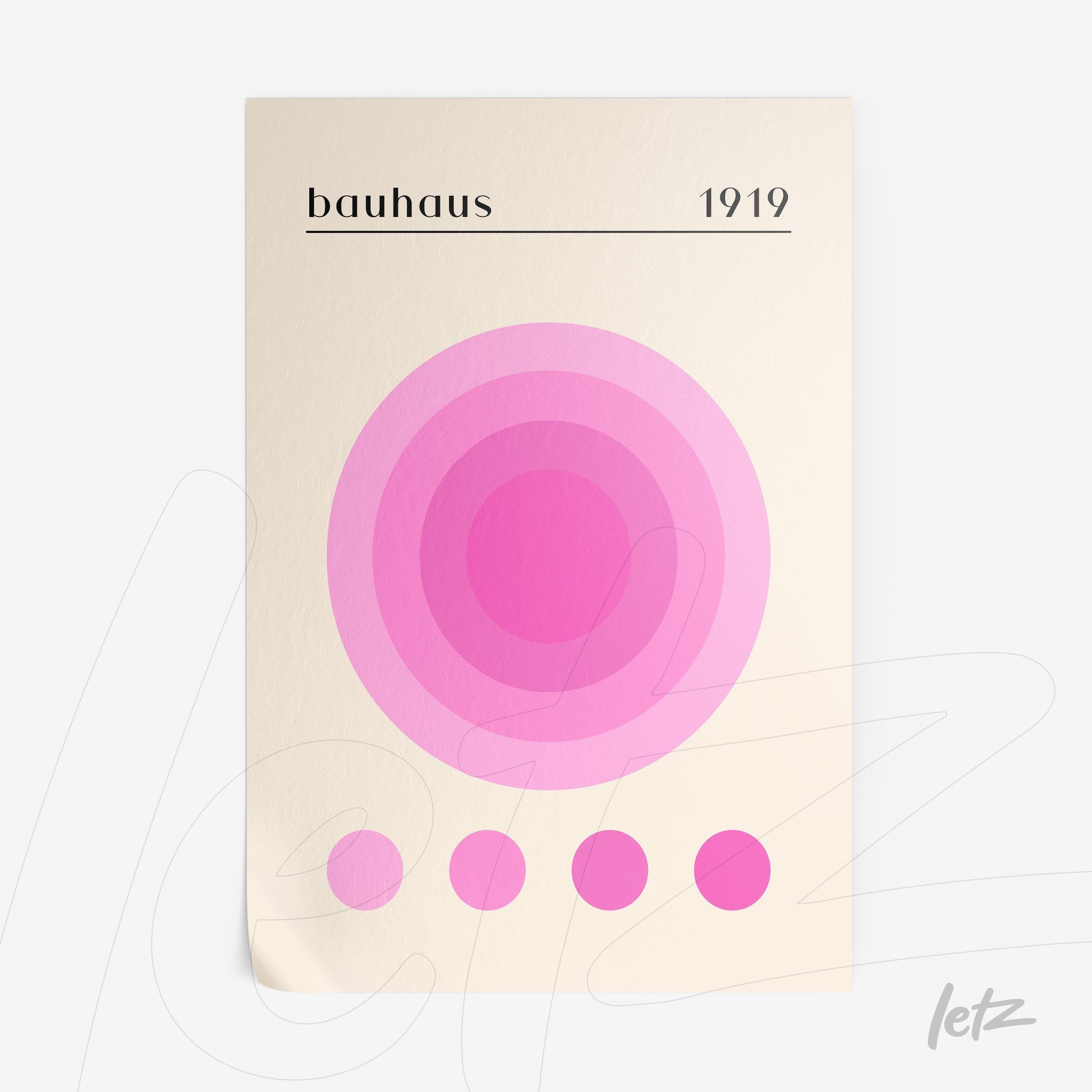 poster print featuring concentric circles in shades of pink on a light beige background with text 'bauhaus 1919' at the top
