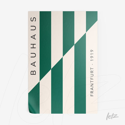 poster with geometric bauhaus design in green and white with side text
